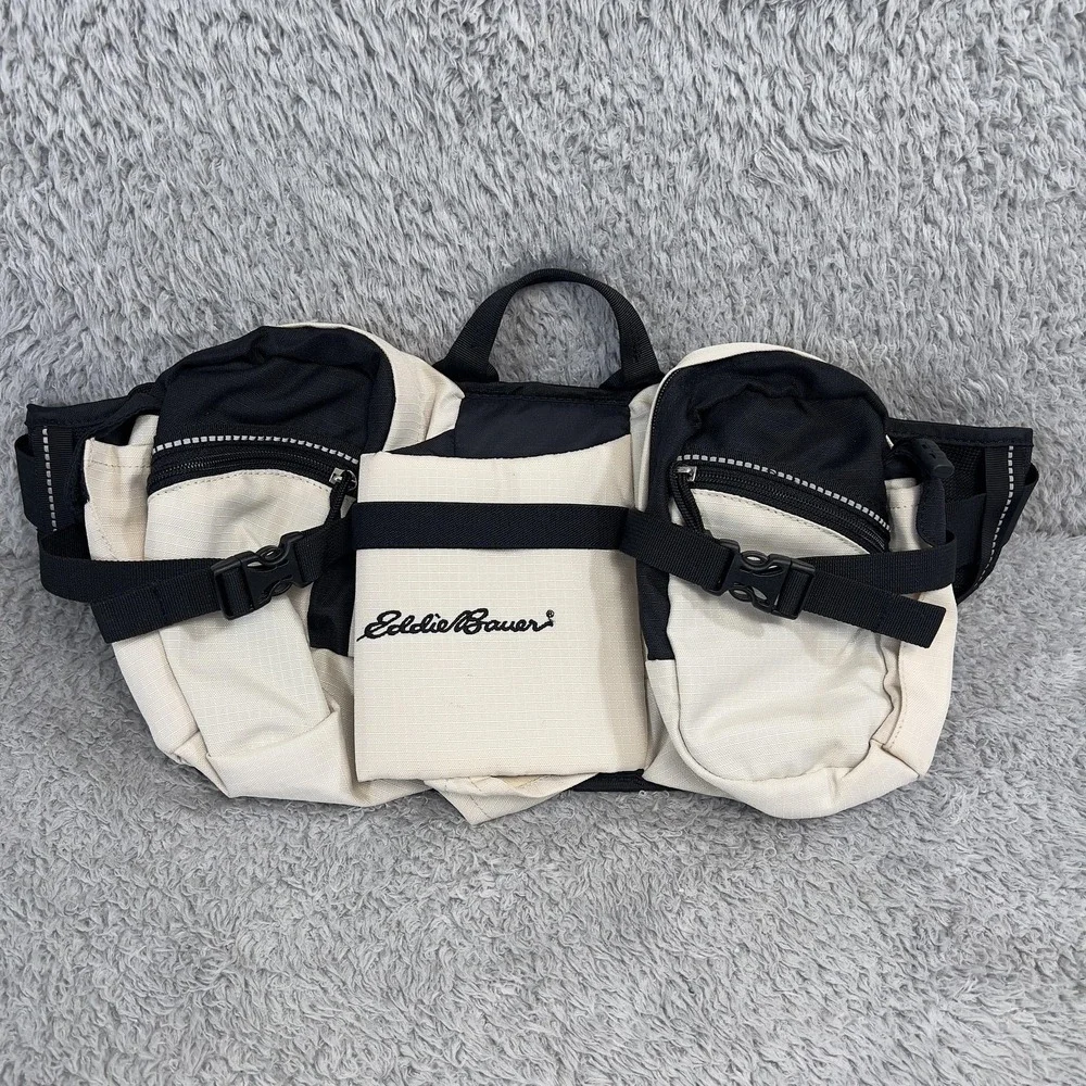 Eddie Bauer Hydration Bag Large Black White Canvas Outdoor Fanny Pack Hiking